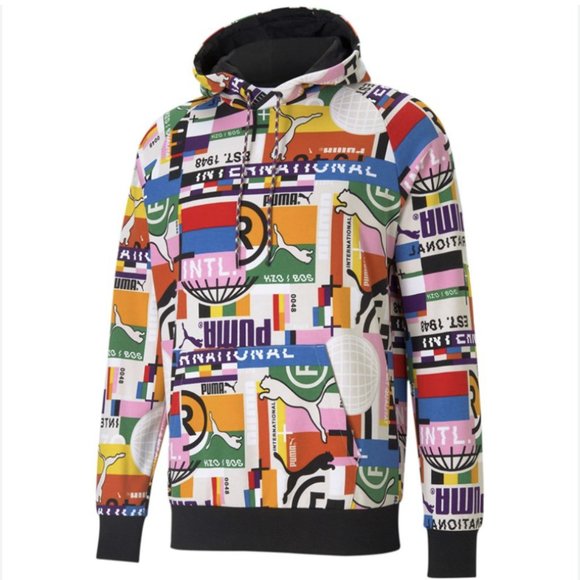 Puma International AOP Pullover Hoodie Sweater White Blanc Rainbow Size Small - Picture 1 of 16